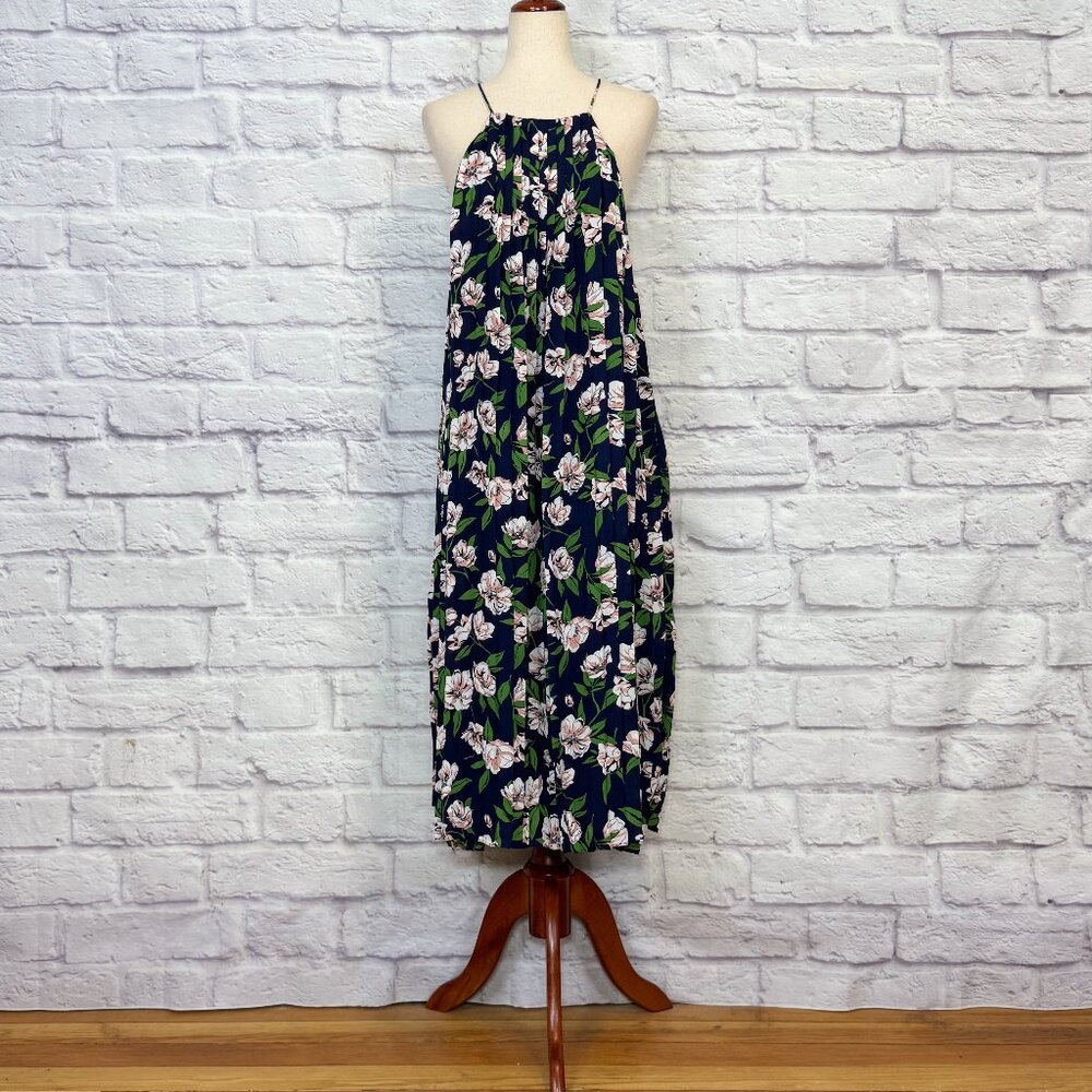J by JOA Navy Blue Floral Pleated Maxi Dress